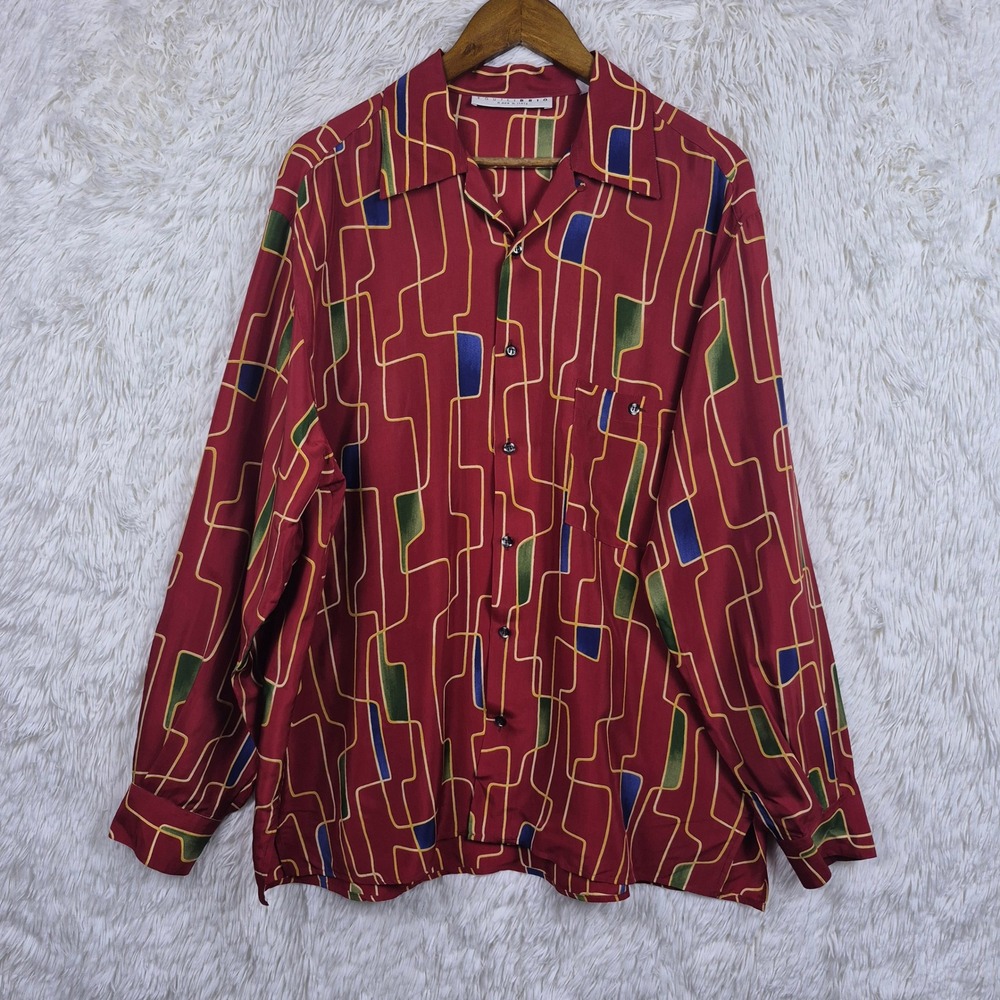 Vtg Equilibrio Mens Geo Abstract Silk Button Down Camp Shirt Red Made In Italy